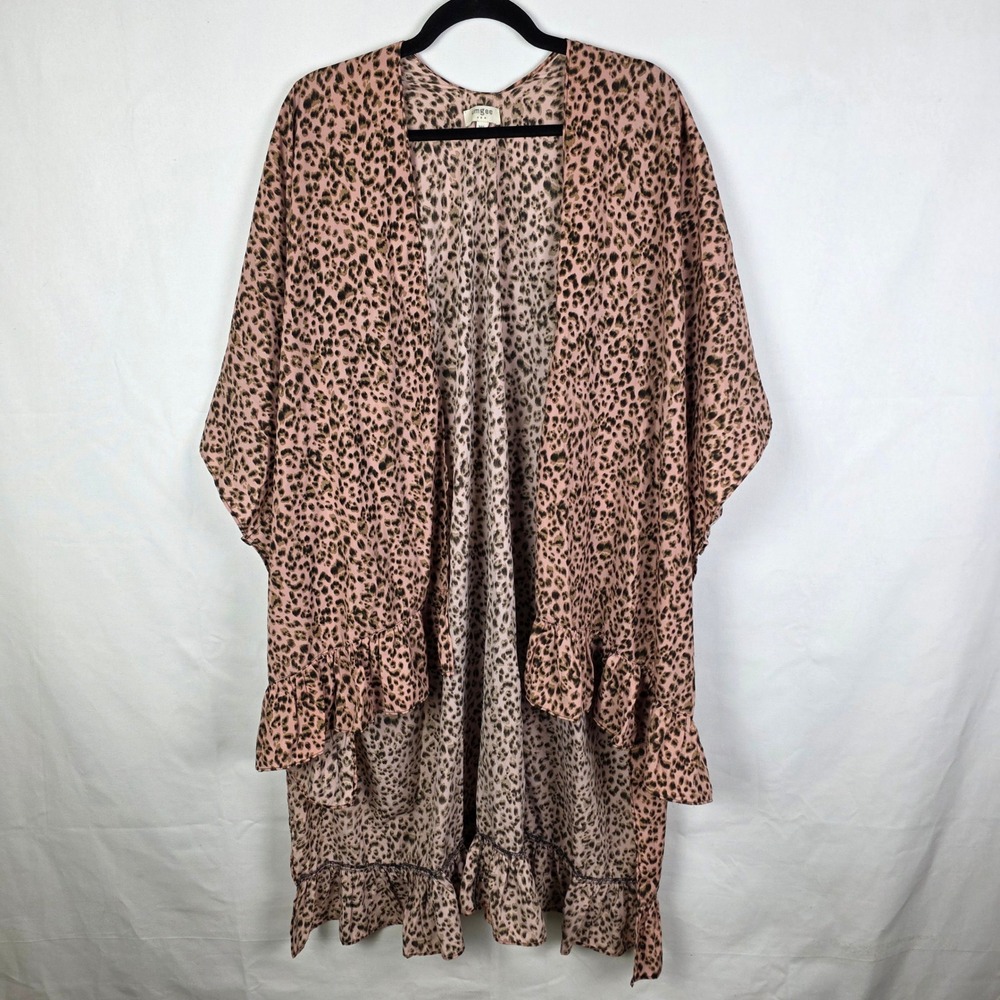 Umgee Womens Leopard Print Ruffle Hem Kimono Pink Brown Open Front C1863 M/L